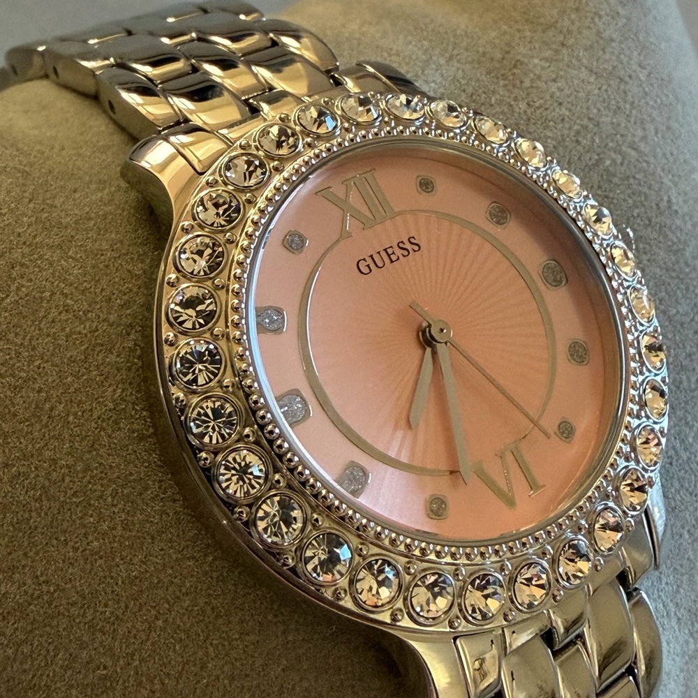 GUESS Silver Tone Bracelet Watch Pink Crystal Bezel Stainless Steel Women’s - Picture 6 of 11